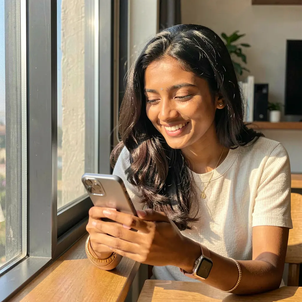 Happy Bangladeshi woman enjoying the 36OK mobile casino app while sitting by a window with natural sunlight on her face