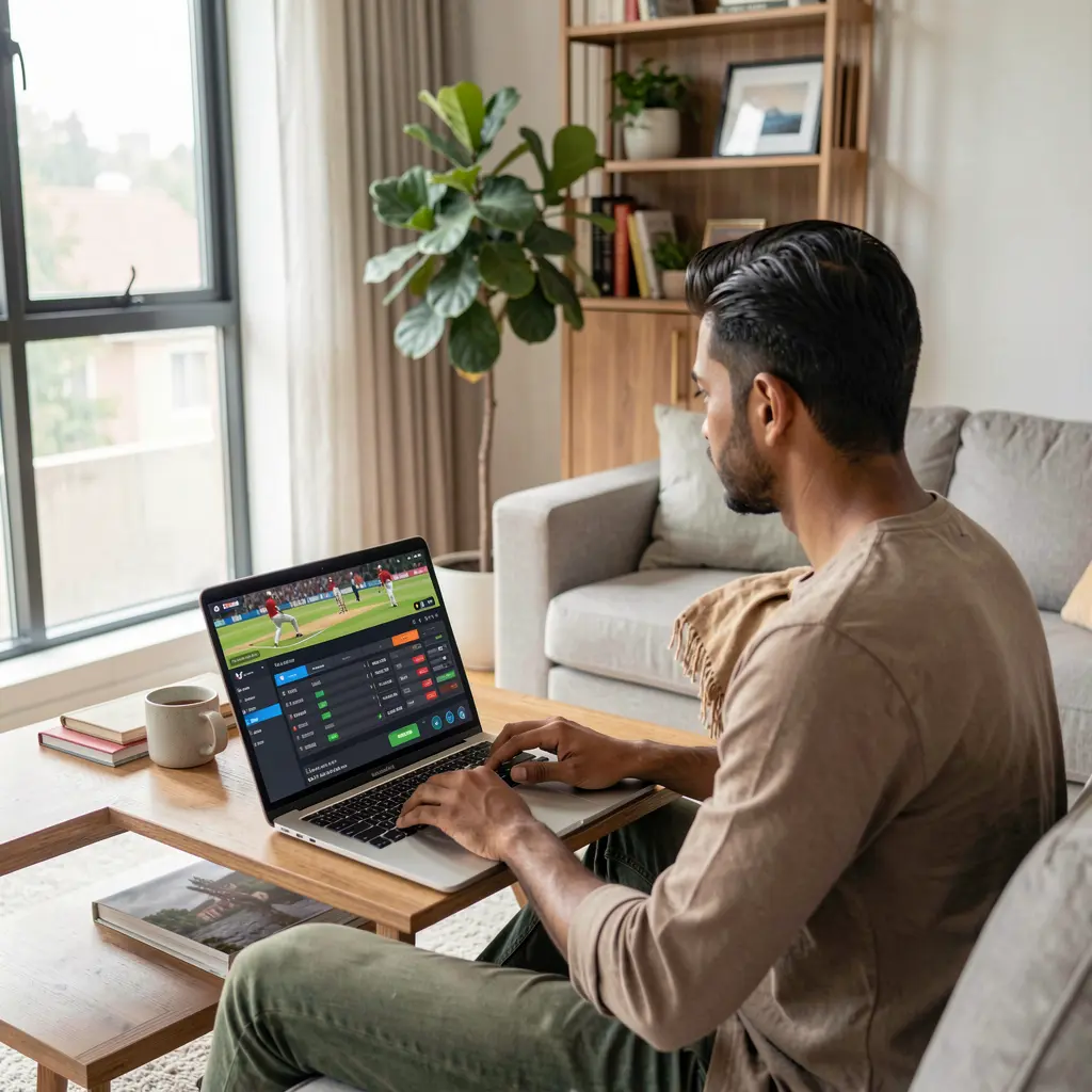 Professional Bangladeshi bettor analyzing live cricket odds and match statistics on the 36OK betting platform using a laptop at home