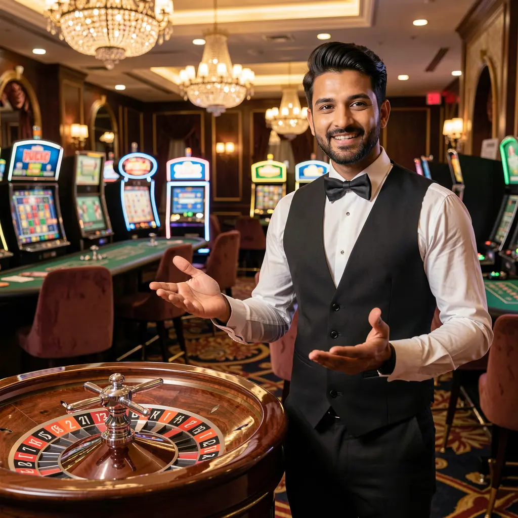 Professional casino dealer standing next to a roulette table in a luxury gaming hall representing the high quality live casino experience at 36OK for players in Bangladesh
